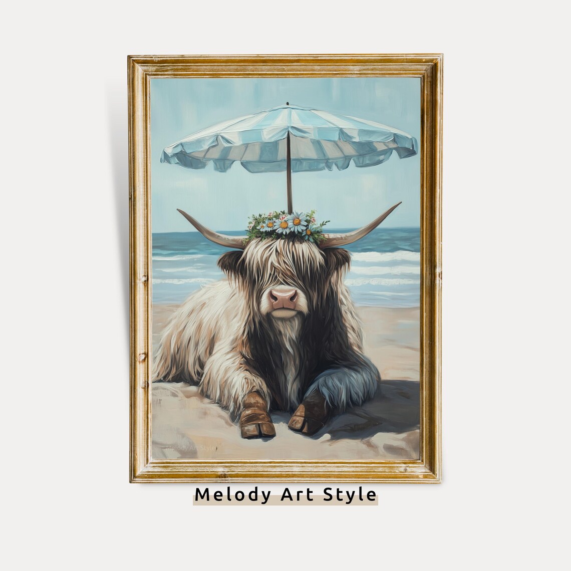 Highland Cow On Beach Under Umbrella With Daisy Flower Crown Poster