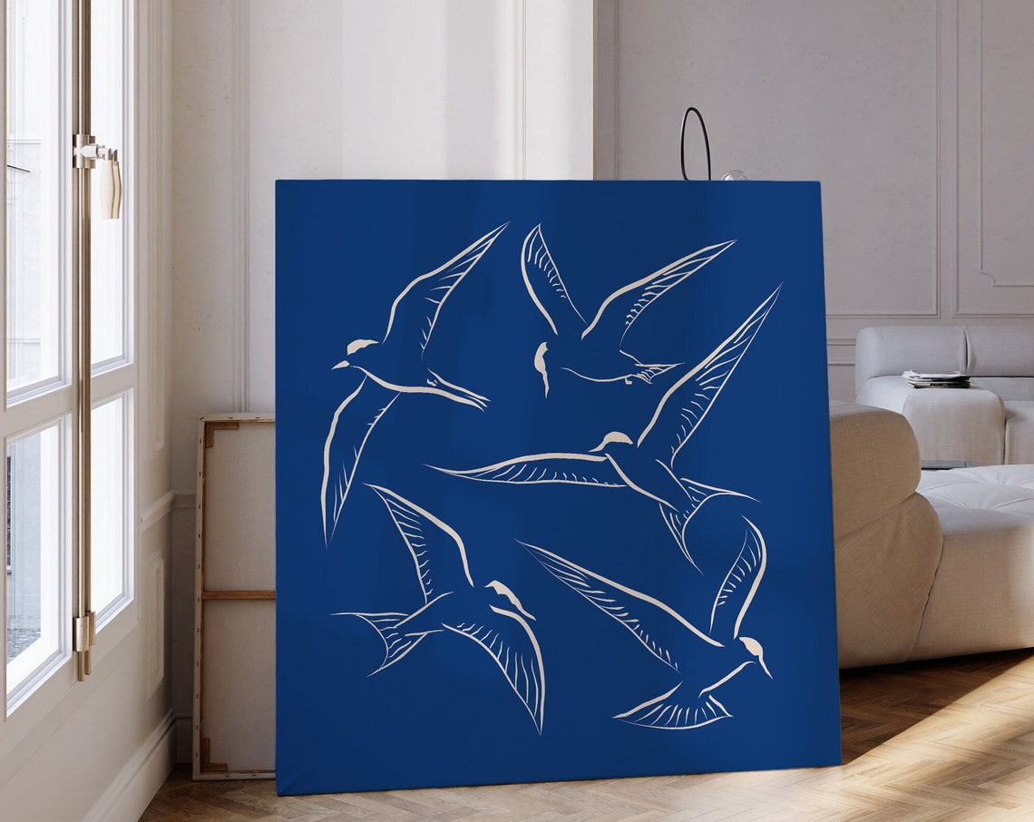 Minimalist Blue Flying Birds White Line Art Modern Abstract Poster