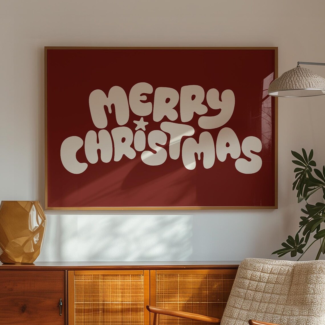 Retro Merry Christmas Bubble Letter Dark Red Holiday Wall Poster