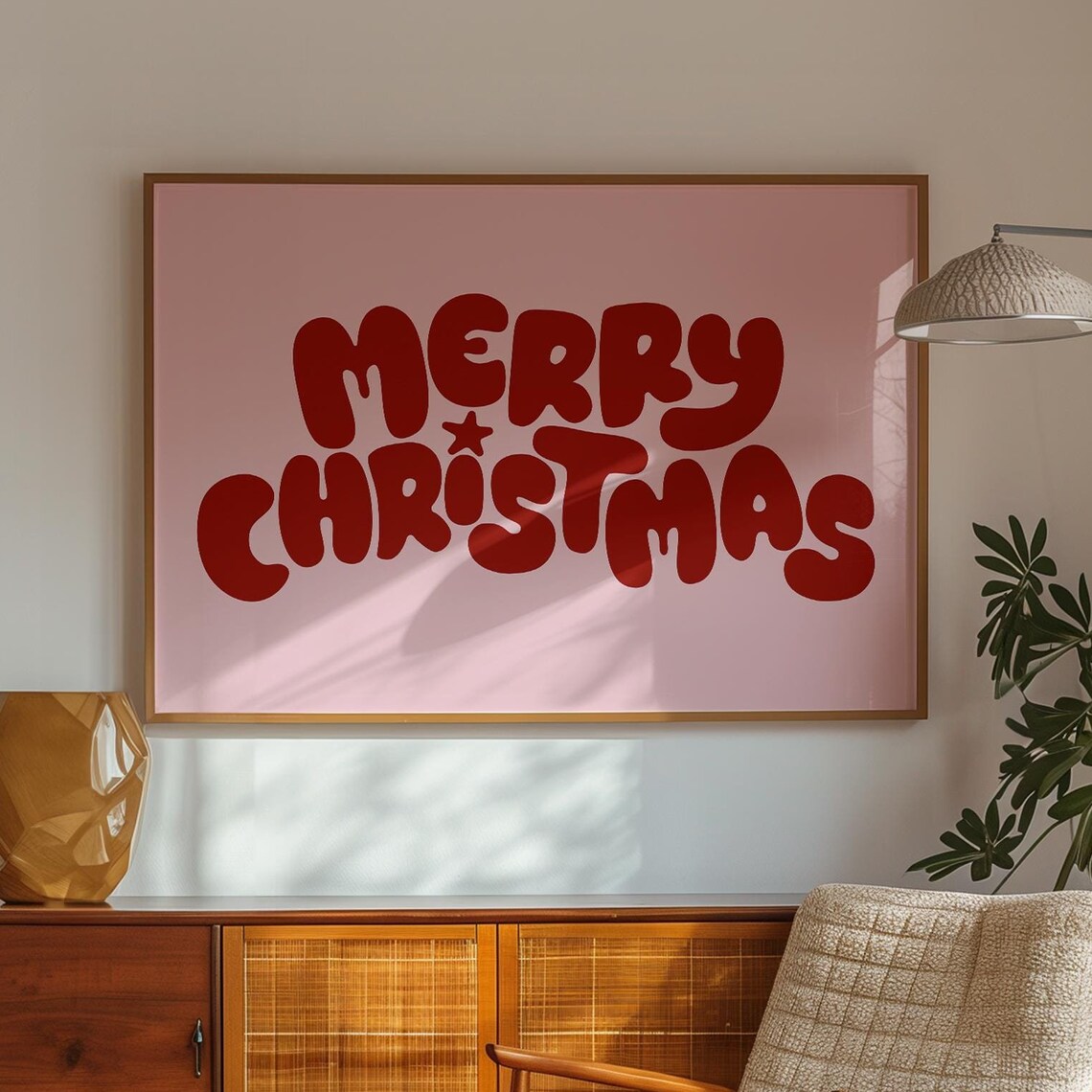 Merry Christmas Red Bubble Letters Blush Pink Holiday Art Poster