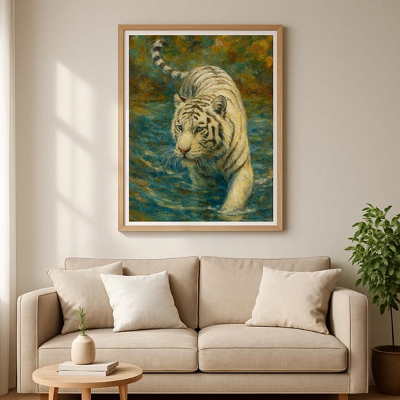 White Tiger In Water Wall Art Oil Painting Style Jungle Animal Poster Instant Image