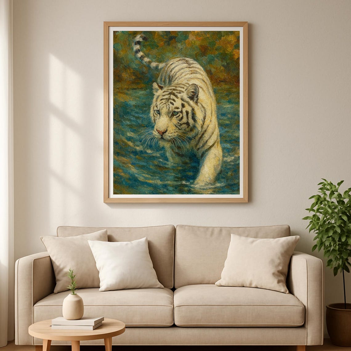 White Tiger In Water Wall Art Oil Painting Style Jungle Animal Poster Instant Image