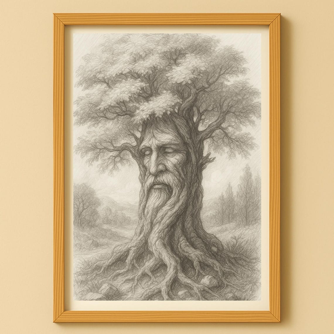 Ancient Tree Old Man Face Pencil Sketch Whimsical Forest Spirit Poster