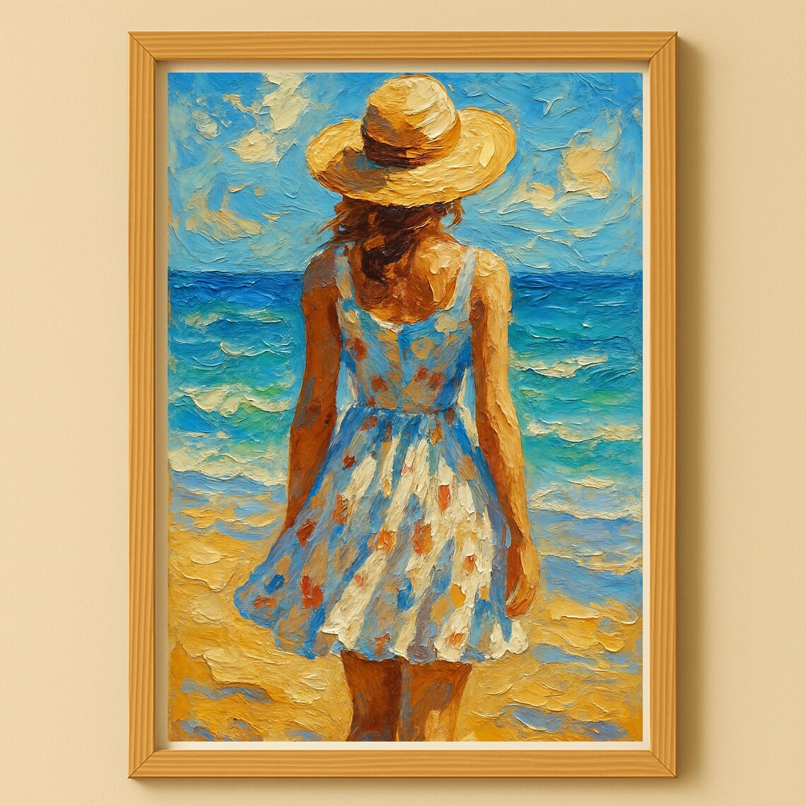 Woman In Straw Hat Beach Oil Painting Textured Impasto Ocean Poster