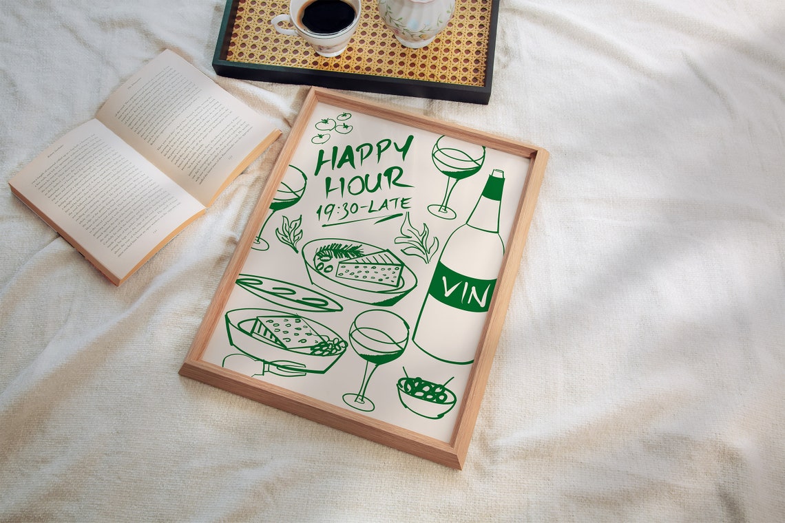 Happy Hour 19:30 to Late Green Ink Wine Sketch Kitchen Poster - Image 3