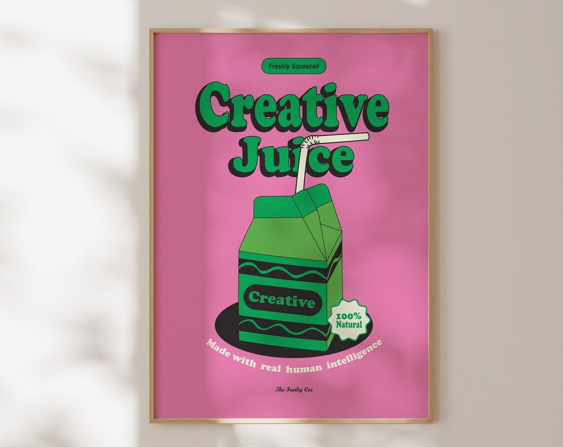 Creative Juice Pink and Green Retro Juice Carton Fun Art Poster