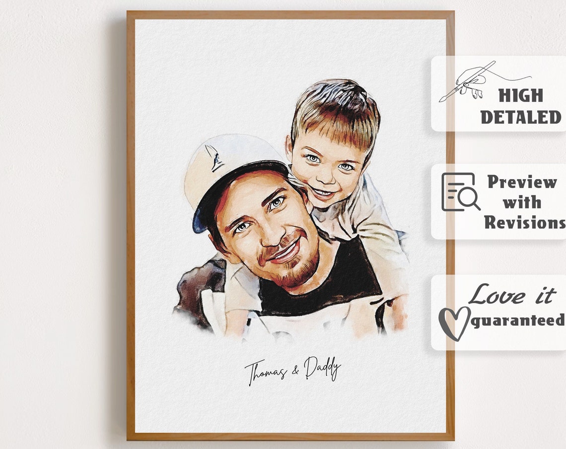 Thomas and Daddy Piggyback Ride Watercolor Father Son Memory Poster