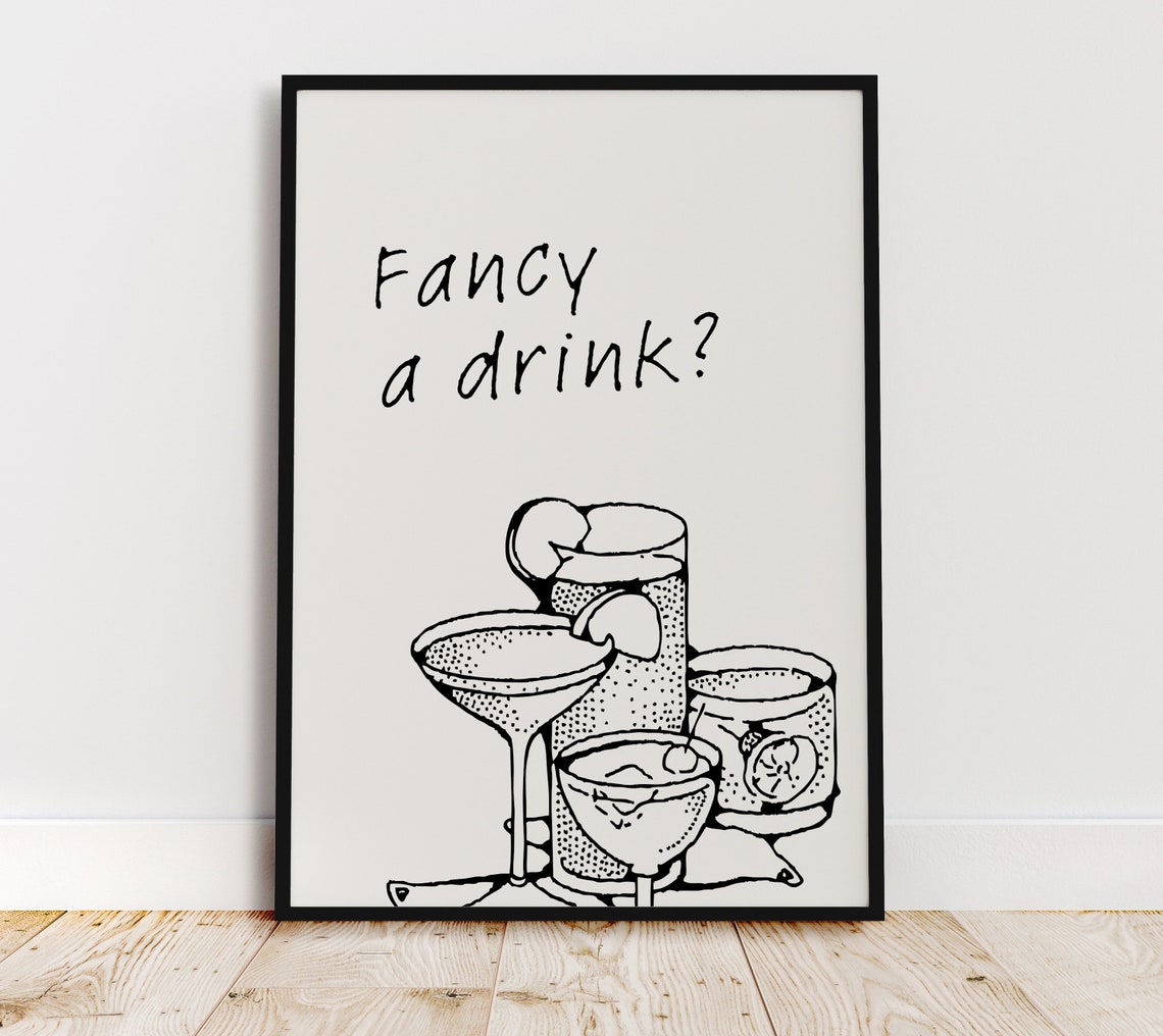 Fancy A Drink Cocktail Glasses Line Art Bar Cart Decor Poster - Image 4