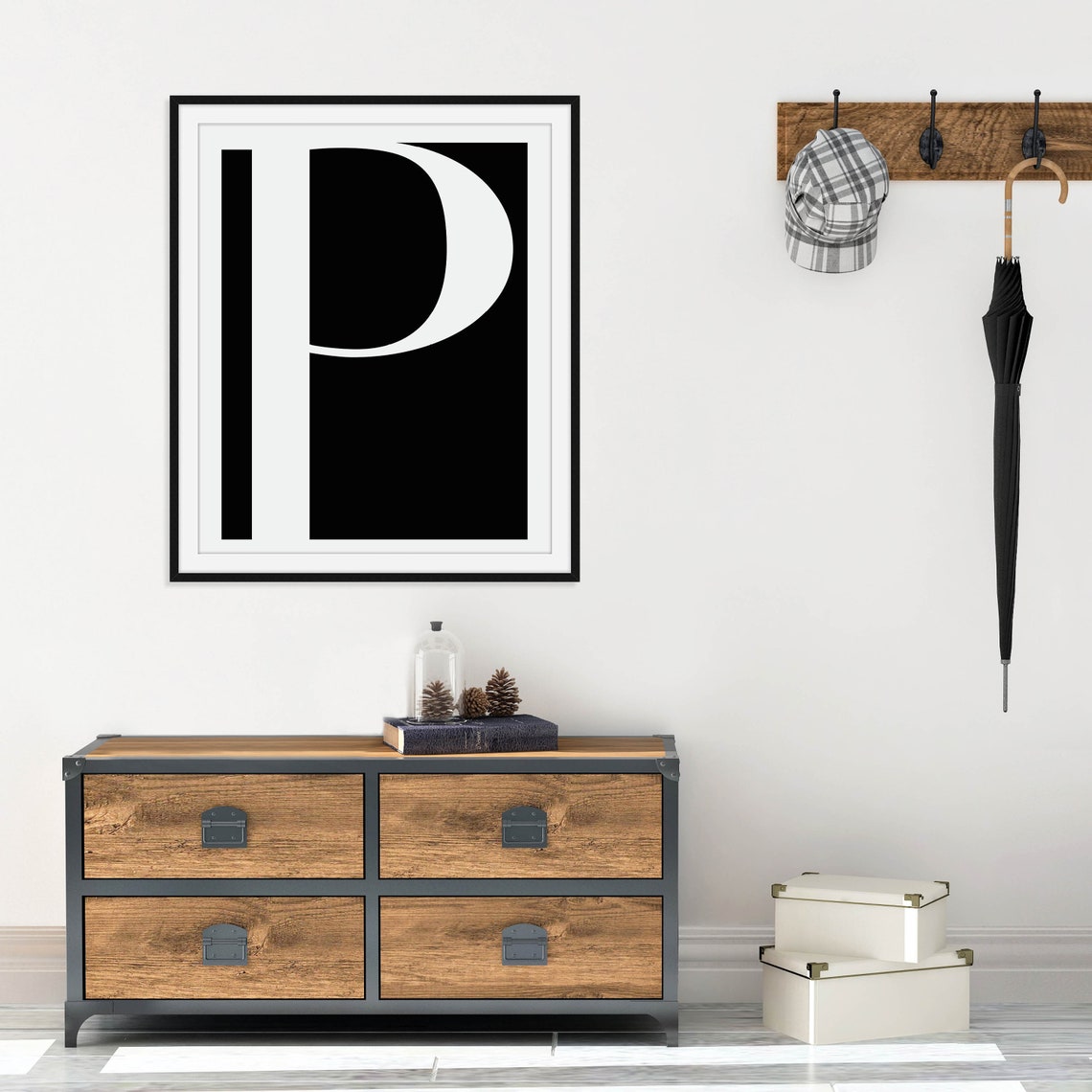 Monochrome Alphabet Initial Letter Black White Serif Art Poster - Image 4