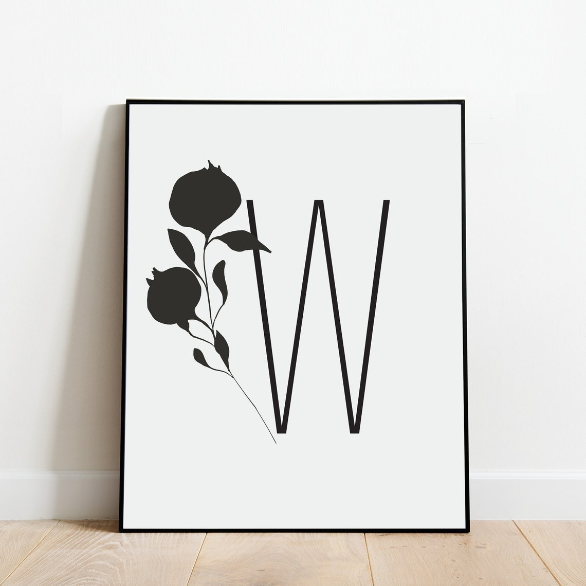 Letter W Botanical Initial Wall Art with Black Branch Silhouette - Image 5