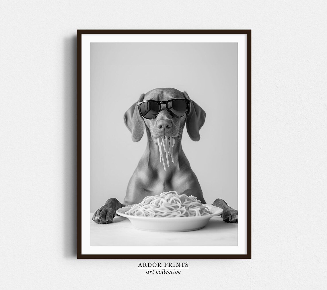 Vizsla Eating Pasta Black And White Poster Print