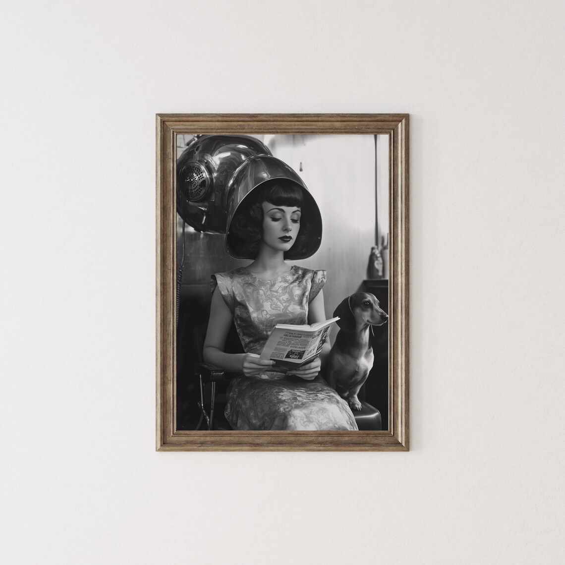 Woman Reading Magazine Under Salon Hair Dryer With Dachshund Poster - Image 2