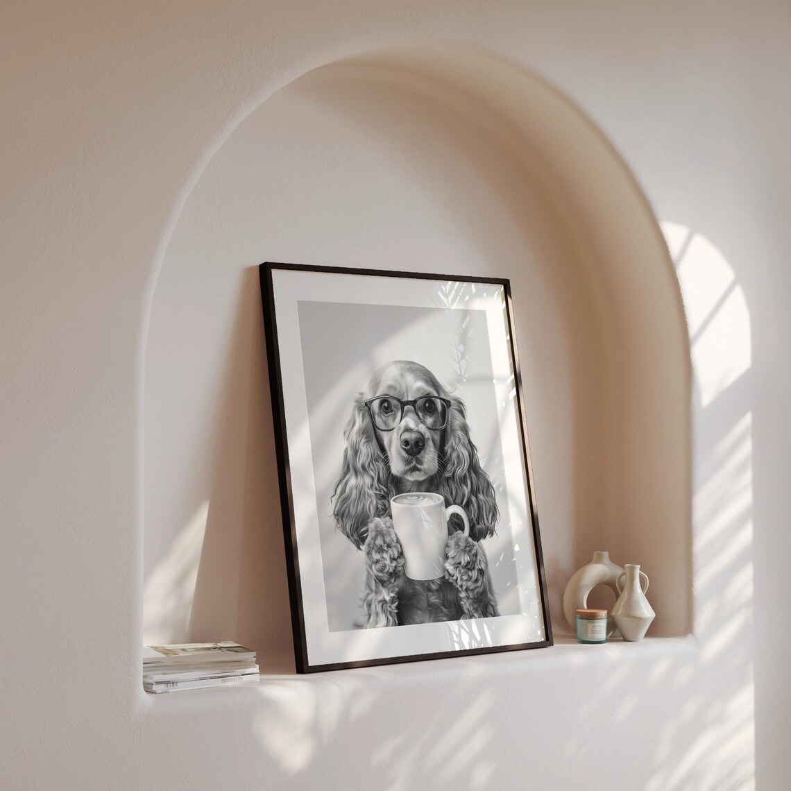 Cocker Spaniel Drinking Coffee, Black And White Print - Image 4