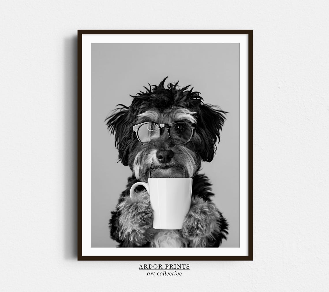 Bernedoodle Wearing Glasses Holding Coffee Cup Funny Dog Poster