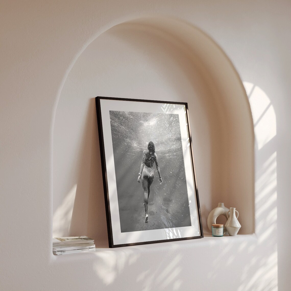 Woman Swimming Underwater Black And White Ocean Photography Poster - Image 4