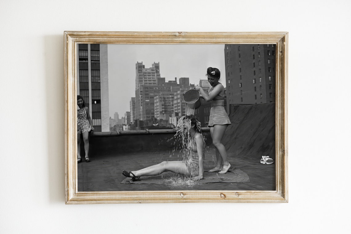 Women Cooling Off In New York City Wall Art Summer Of 1940s Vintage Wall Art Old Photography Black And White Print Retro Wall Decor - Image 2
