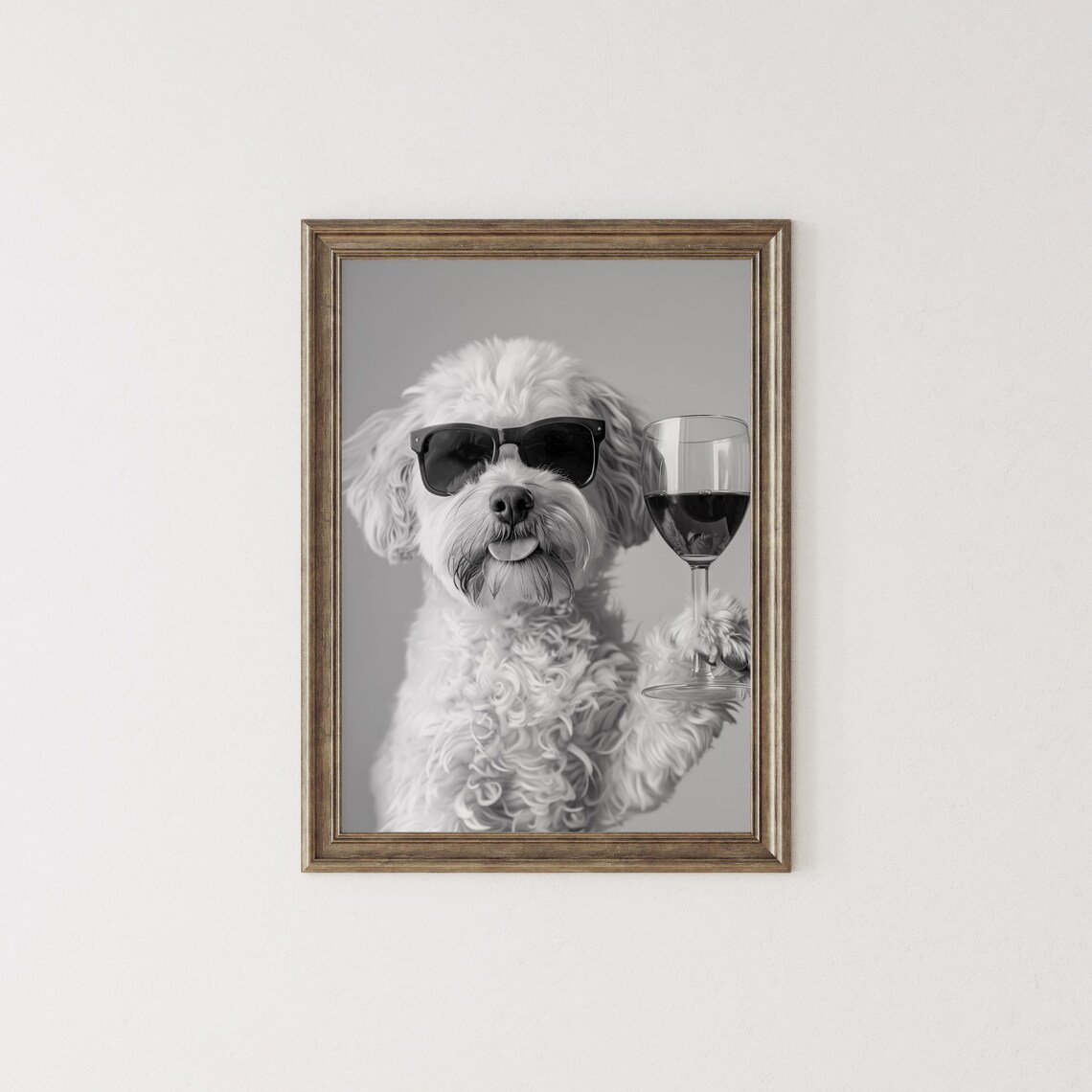 Cavachon Drinking Wine Black And White Art Print - Image 2