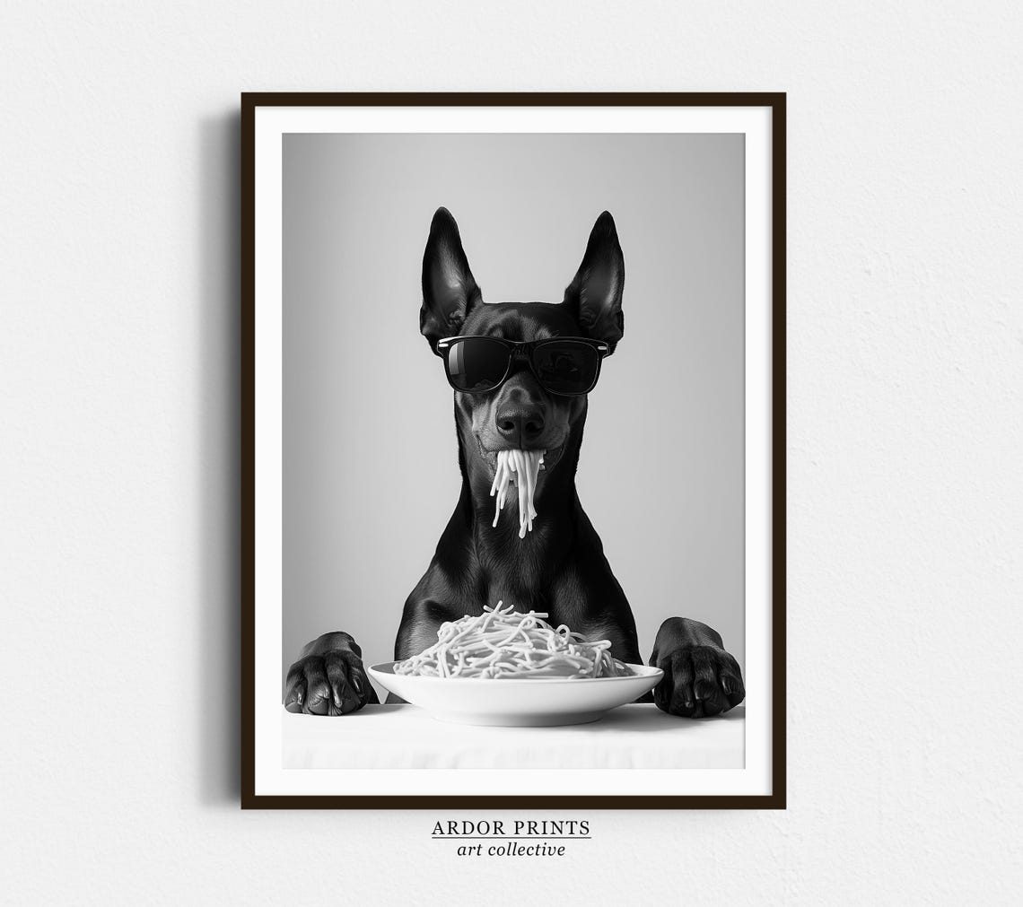 Doberman Pinscher Eating Spaghetti Sunglasses Funny Dog Wall Art