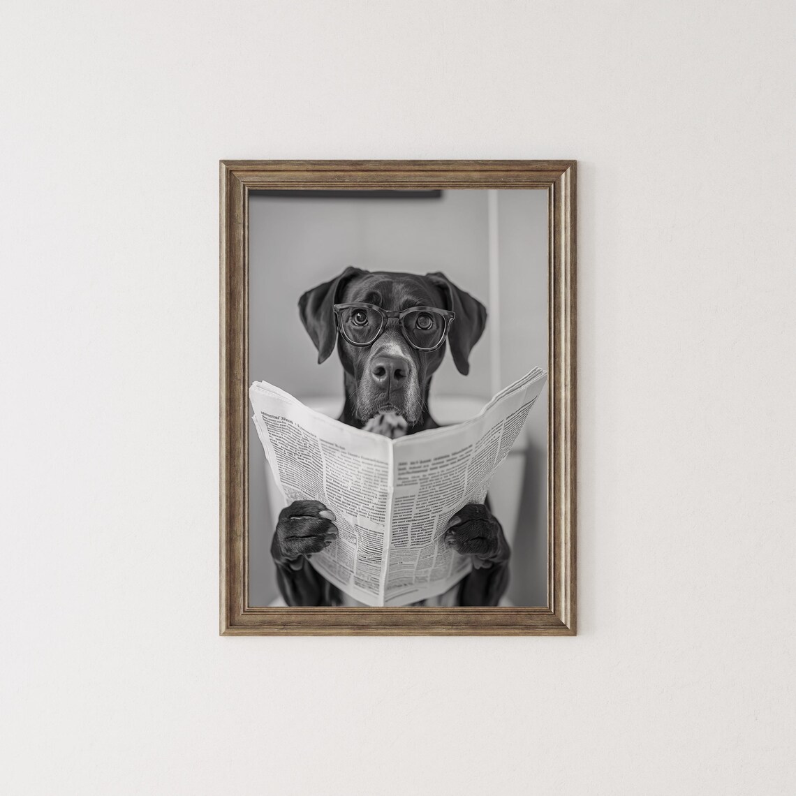 Dog With Glasses Reading Newspaper on Toilet Funny Black White Poster - Image 2