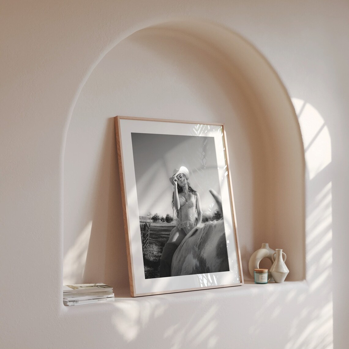 Woman in Lingerie and Cowboy Hat Riding Horse Black White Poster - Image 4