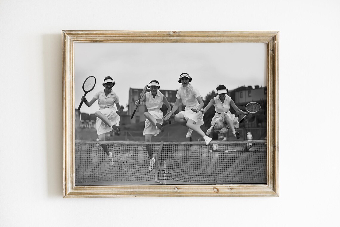 Vintage Tennis Women Jumping Over Net Art Print - Image 3