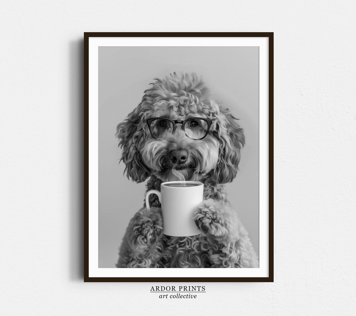 Goldendoodle and Coffee Black and White Art Print