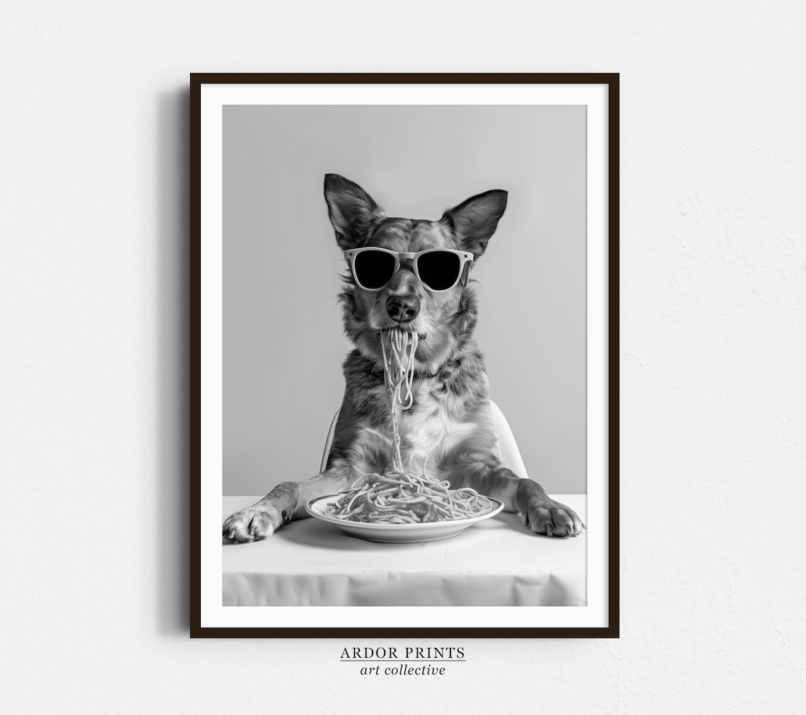 Australian Cattle Dog Eating Pasta, Funny Dog Art Print