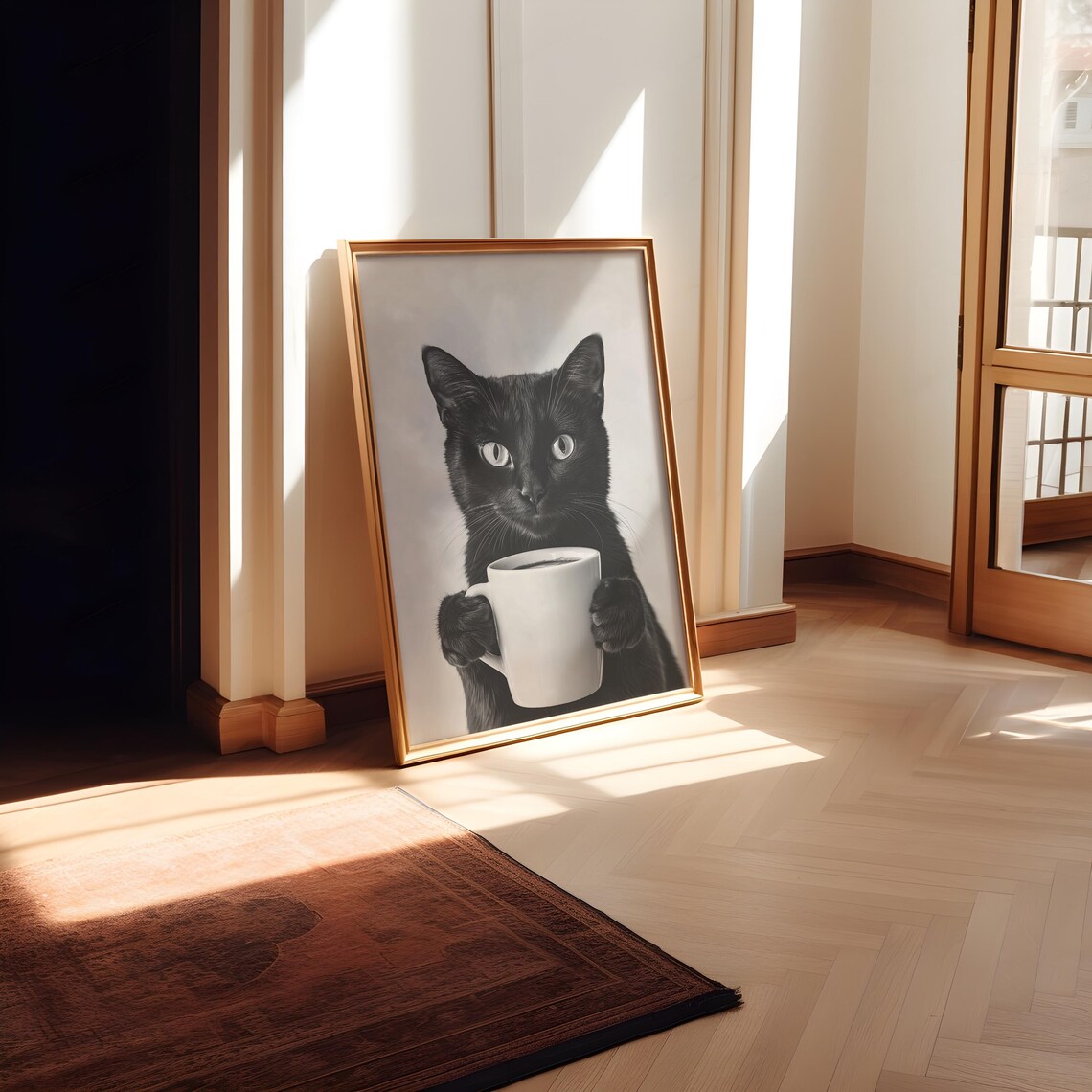 Black Cat Drinking Coffee Wall Art, Funny Coffee Poster - Image 2