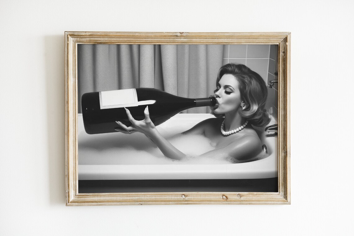 Vintage Woman Drinking Oversized Wine Bathroom Wall Art - Image 3