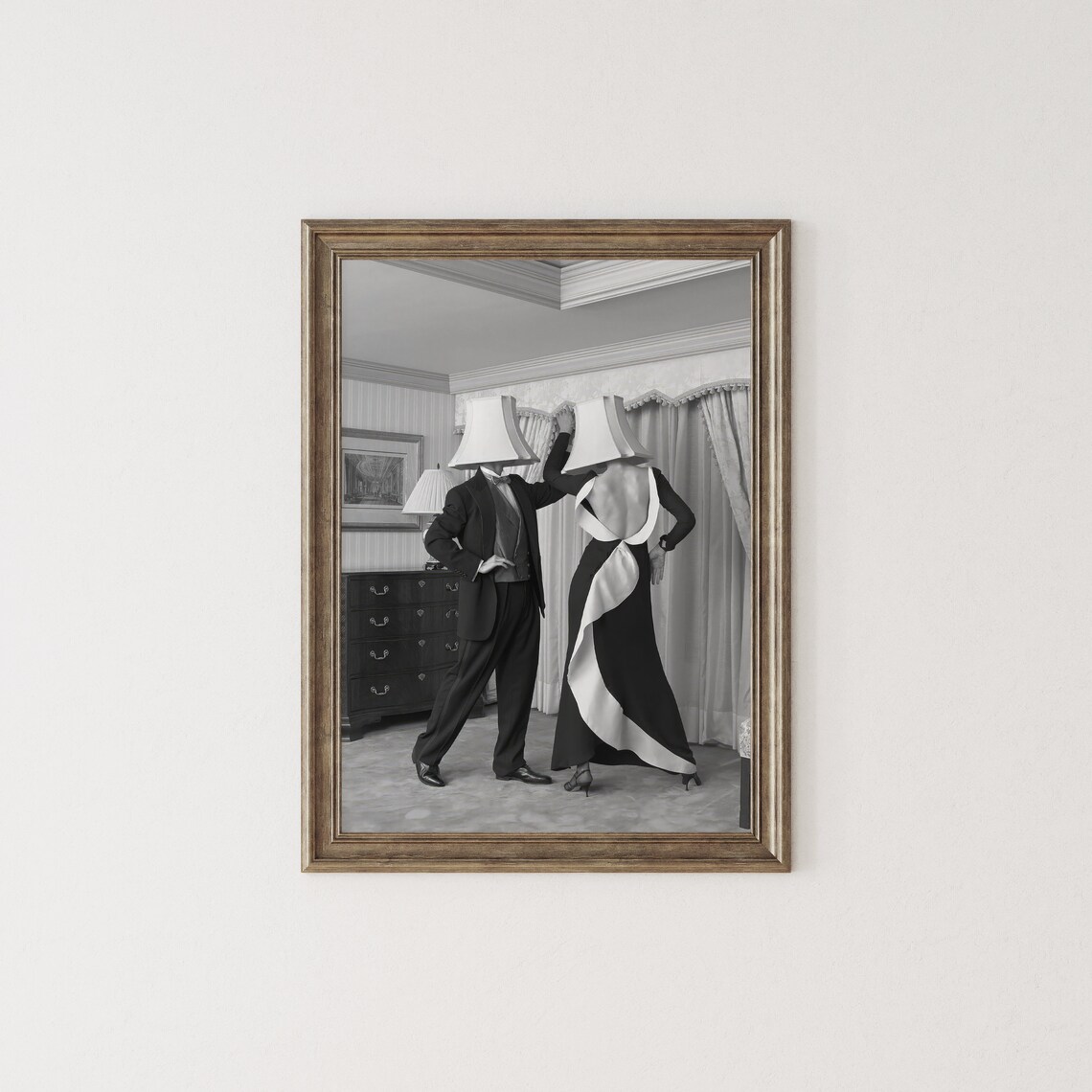 Dancing Couple Wearing Lampshades on Heads Surreal Black White Poster - Image 2