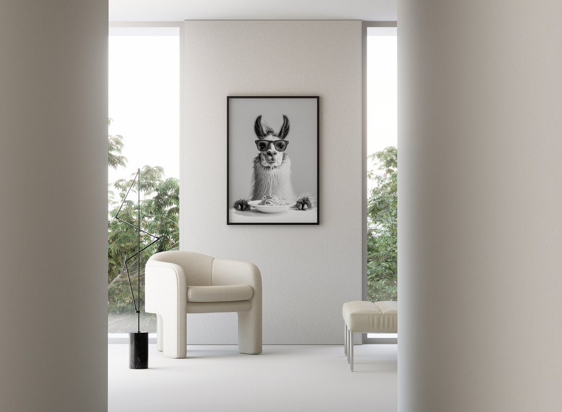 Llama Eating Spaghetti With Sunglasses Black and White Poster - Image 3