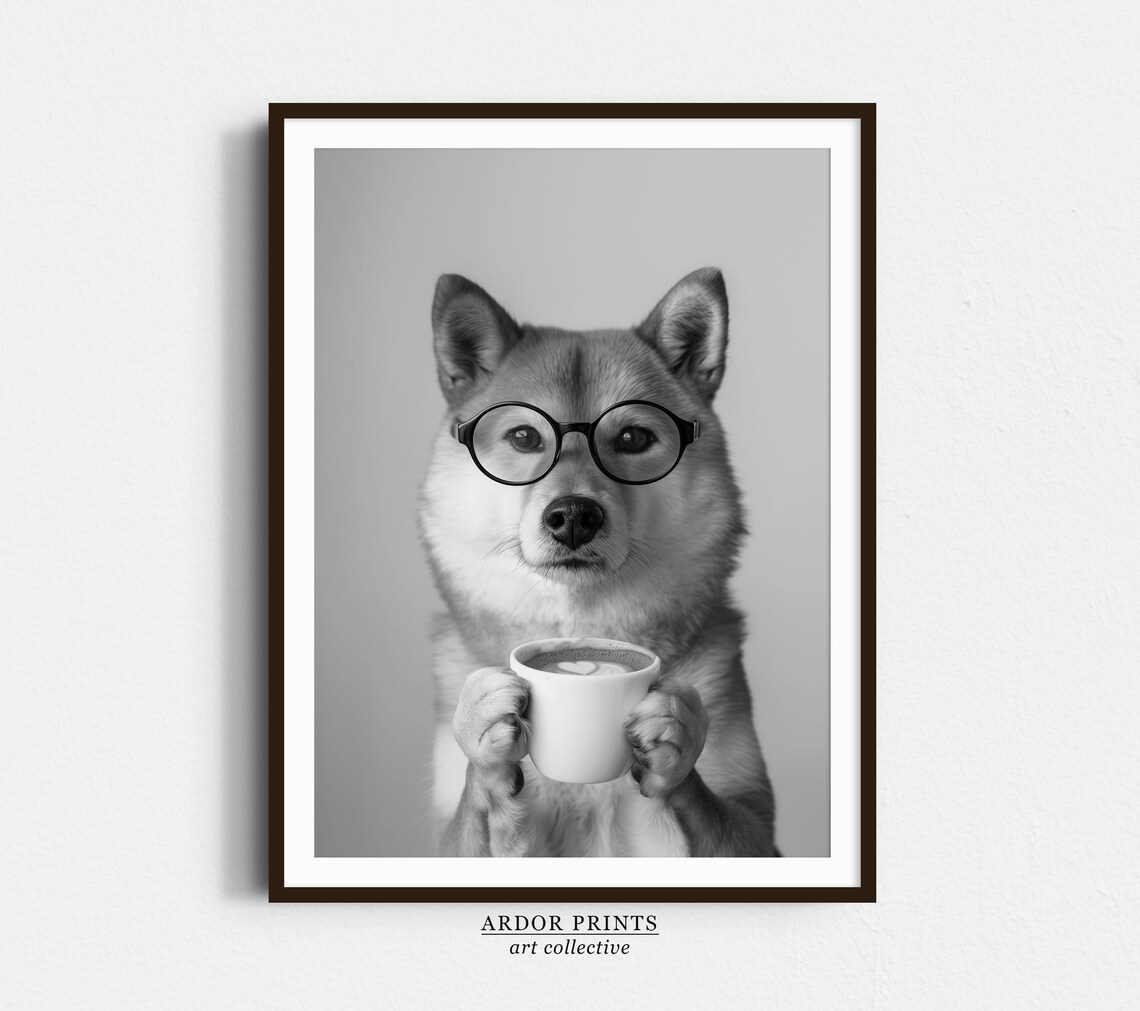 Shiba Inu With Glasses Holding Coffee Black and White Poster