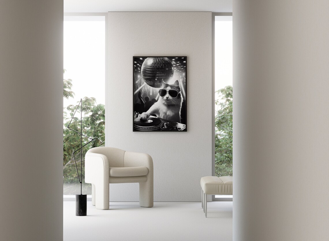 Cat DJ Spinning Records Under Disco Ball Black and White Poster - Image 3