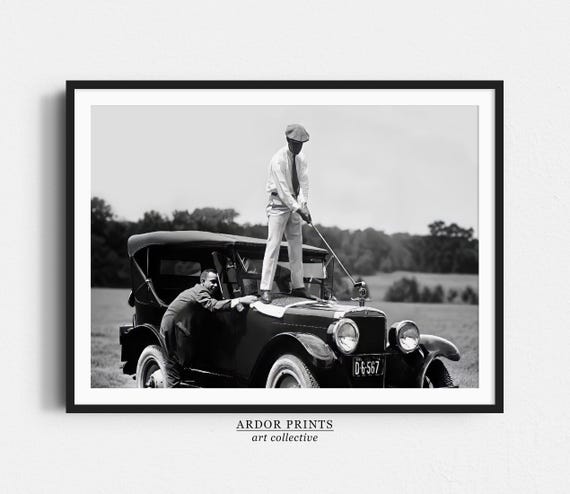 Golfer Teeing On Car, Vintage Golf Poster