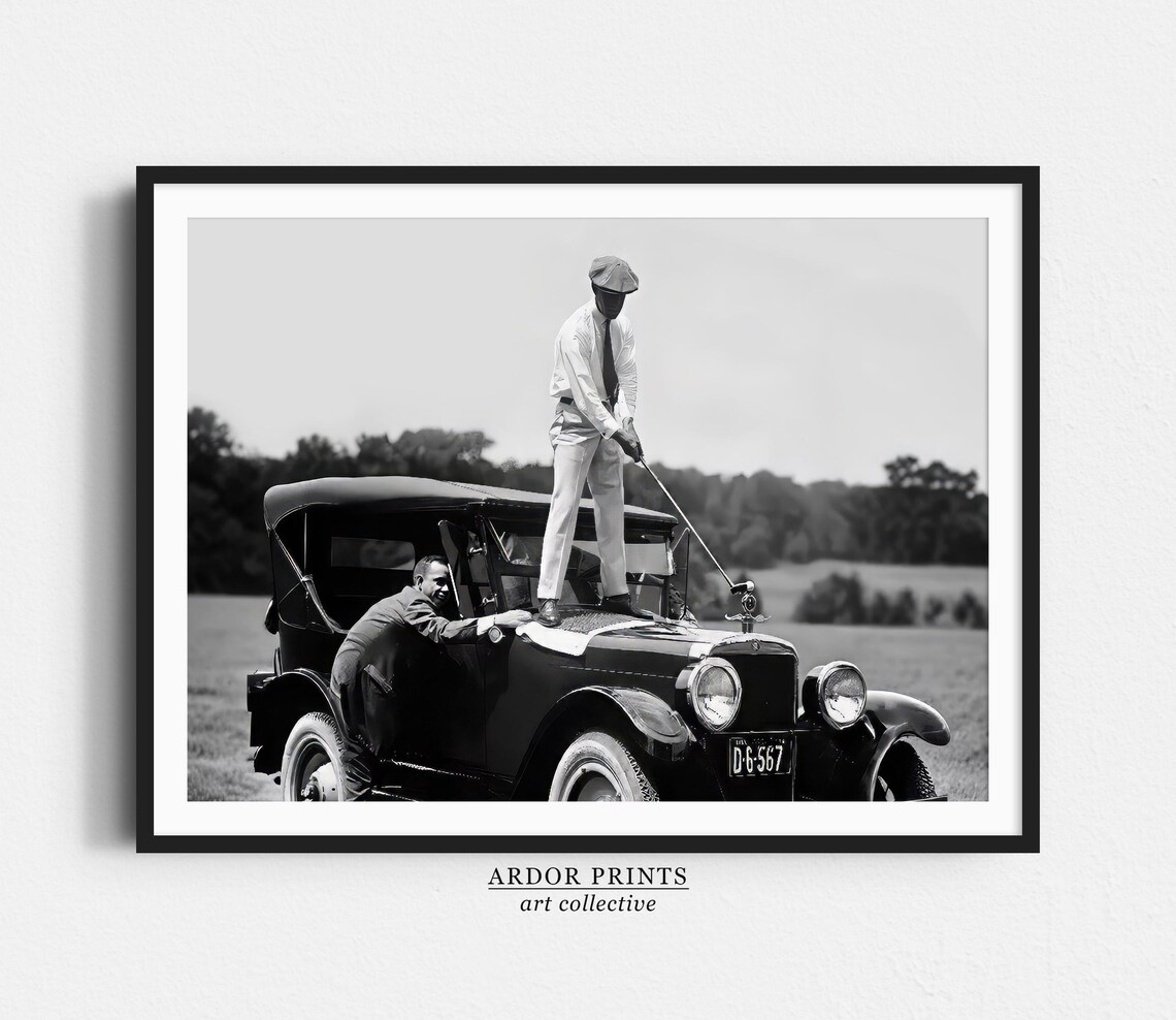 Golfer Teeing On Car, Vintage Golf Poster