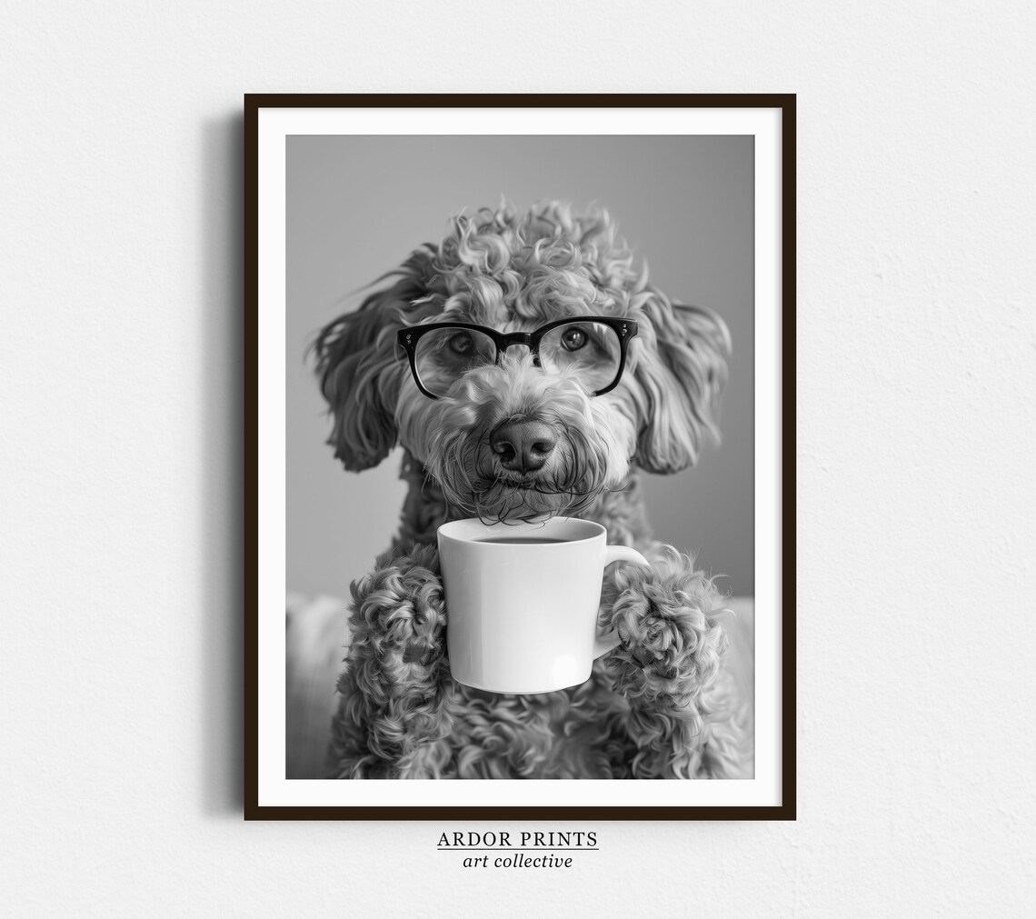 Labradoodle Drinking Coffee Black And White Art Print