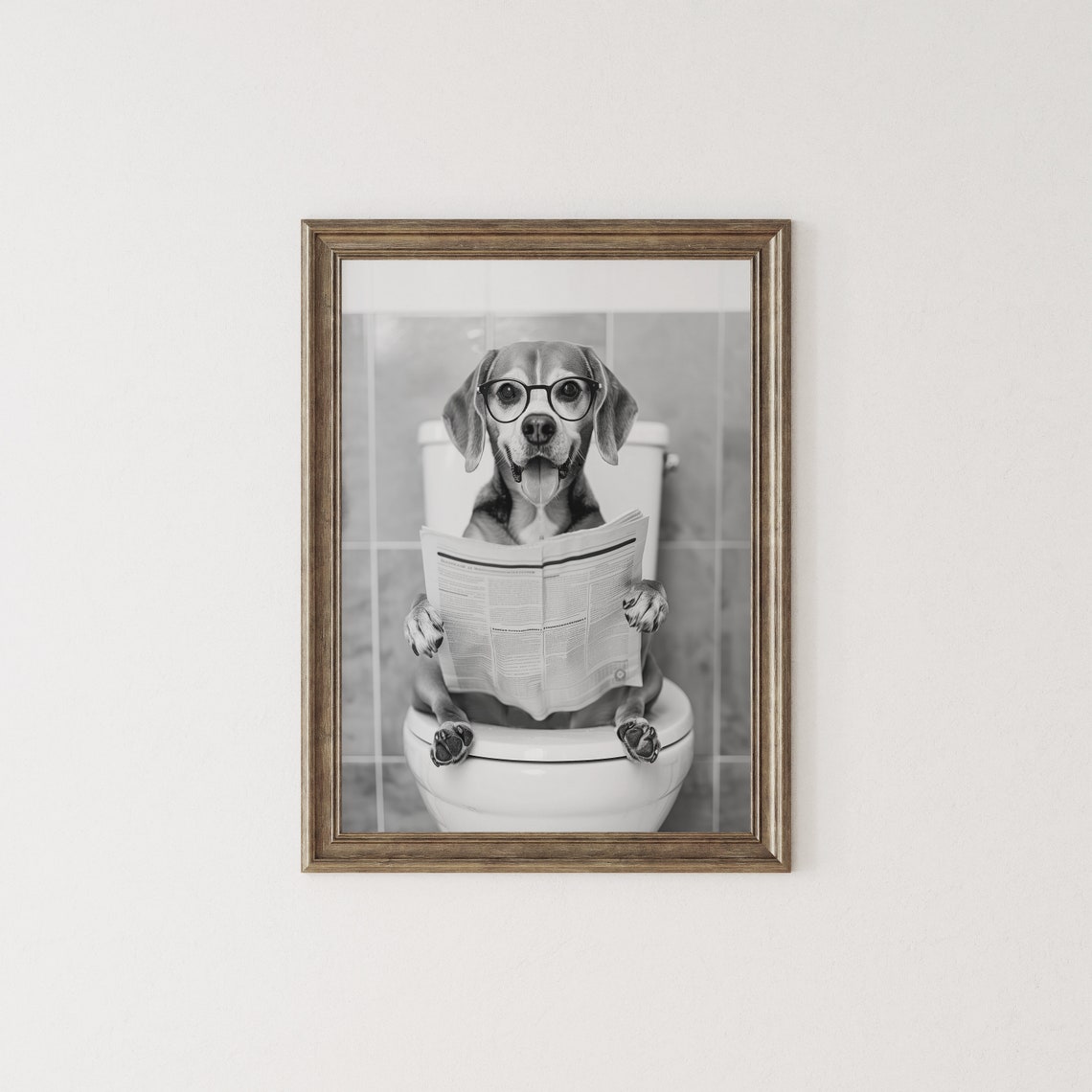 Beagle Reading Newspaper on Toilet Black and White Funny Poster - Image 2