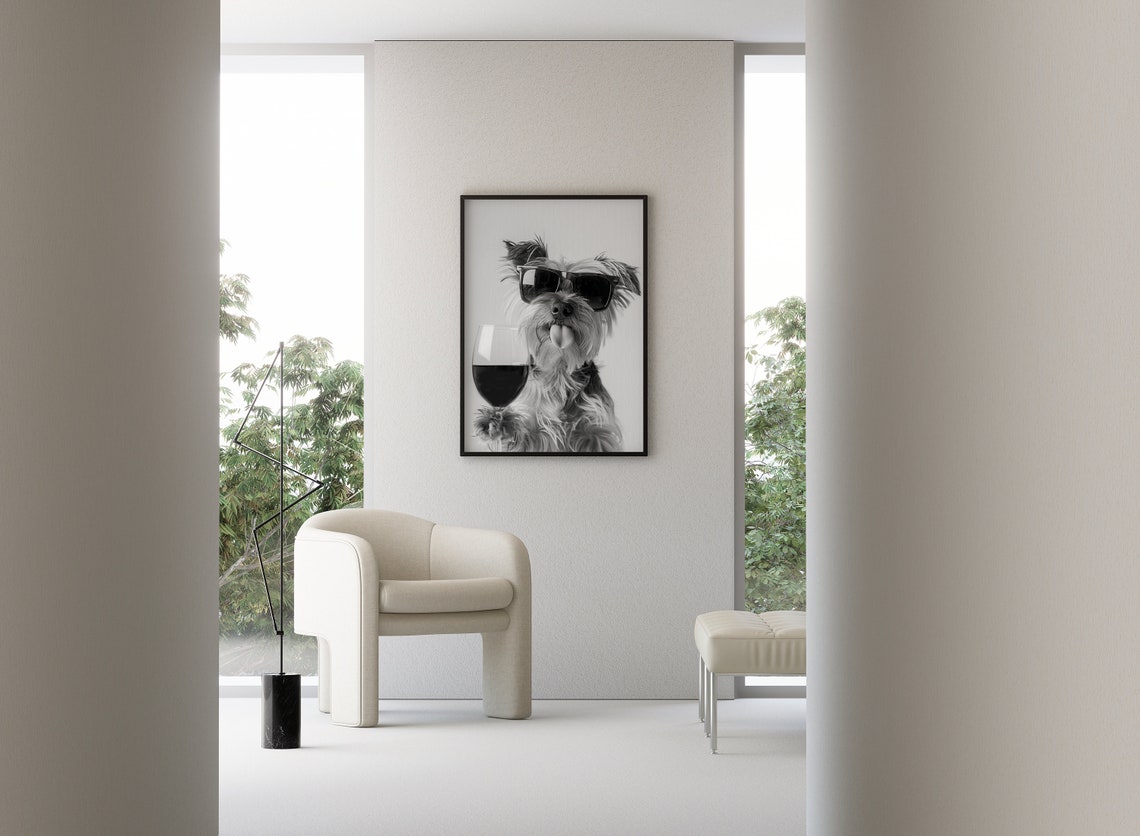 Yorkshire Terrier Drinking Wine Sunglasses Funny Dog Wall Art - Image 3