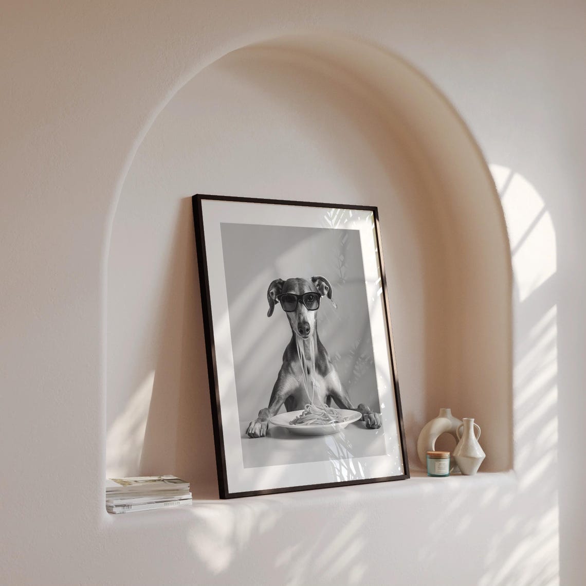 Greyhound Wearing Sunglasses Eating Spaghetti Black and White Poster - Image 4