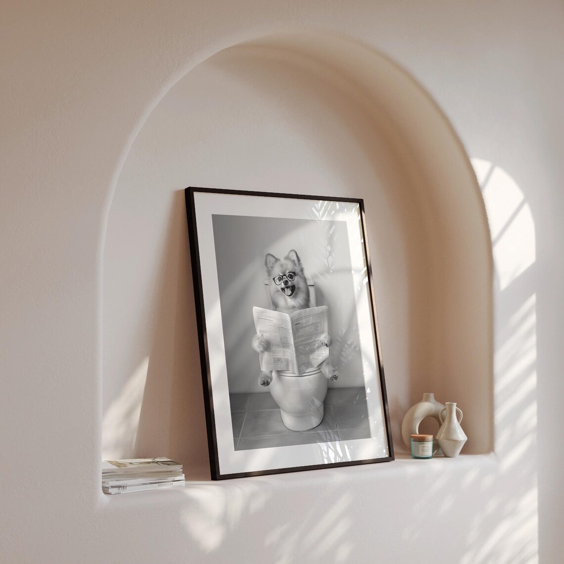 Pomeranian Reading Newspaper In Toilet Print Black And White Art Dog Gift Funny Dog Poster Dog Sitting On Toilet Bathroom Wall Art - Image 4