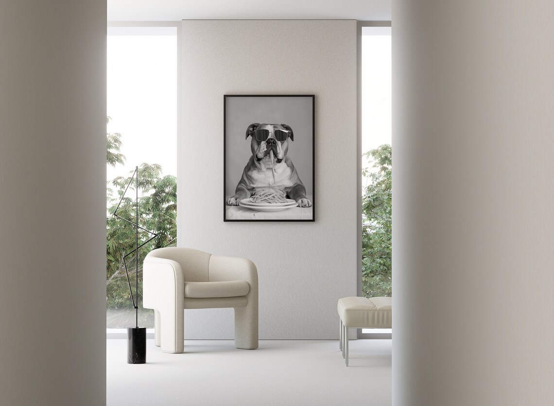 English Bulldog Eating Pasta, Funny Food Art Print - Image 3