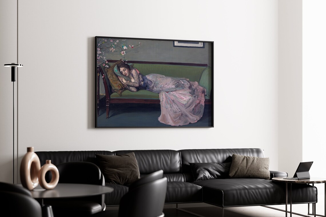 Woman Sleeping On Green Sofa Pink Gown Vintage Oil Painting Poster - Image 3