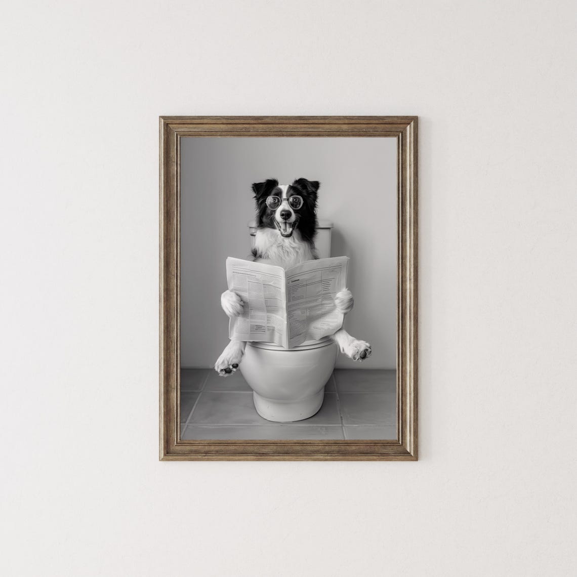 Border Collie Reading Newspaper On Toilet Funny Bathroom Poster - Image 2