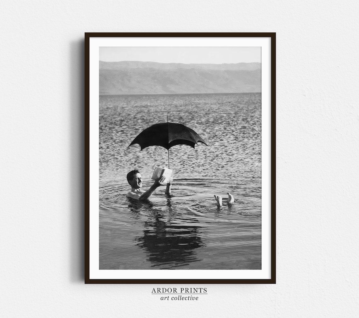 Man Floating In Lake With Book, Vintage Photo Print
