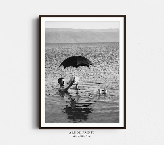 Man Floating In Lake With Book, Vintage Photo Print
