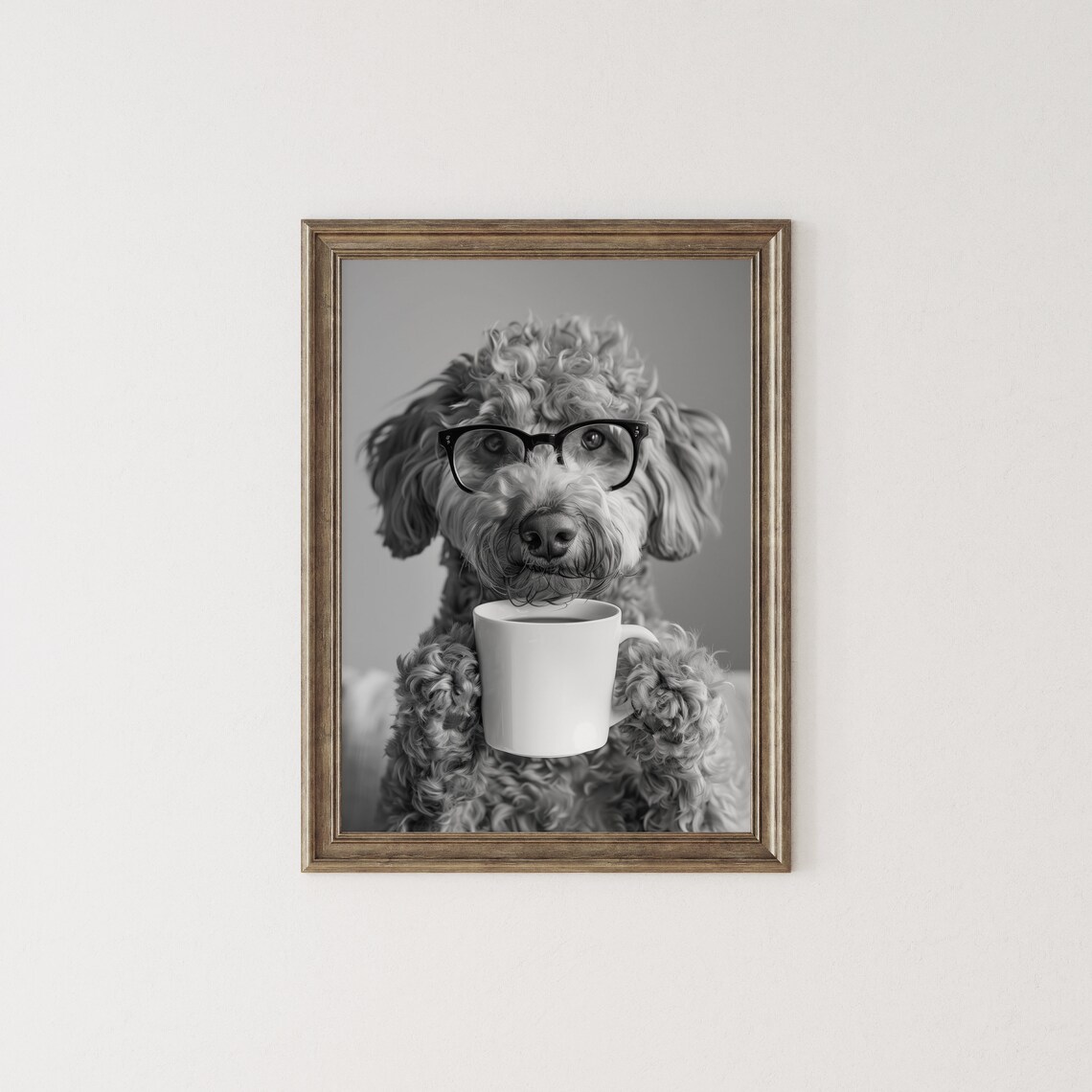 Labradoodle Drinking Coffee Black And White Art Print - Image 2