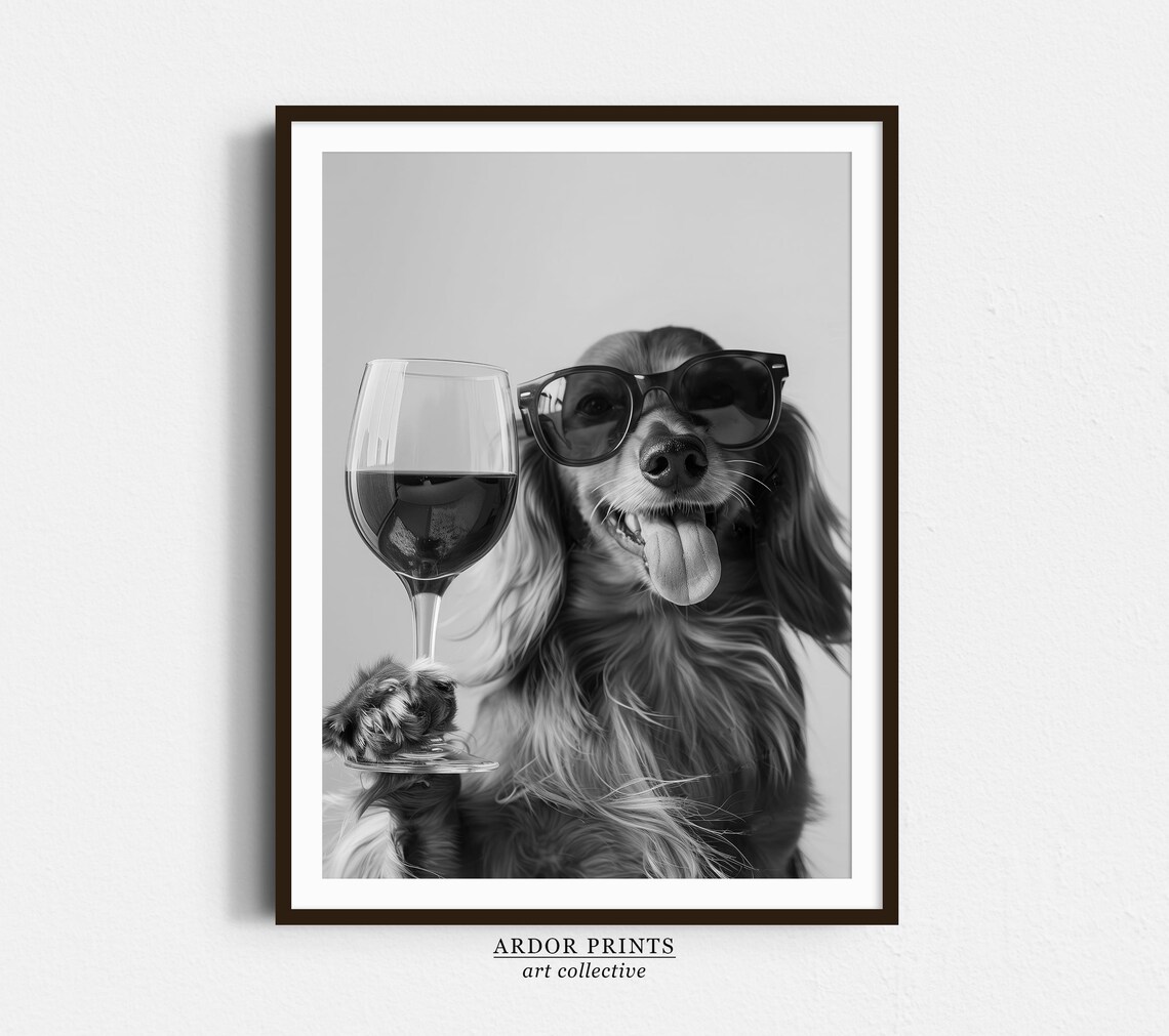 Long Haired Dachshund With Red Wine, Funny Bar Print