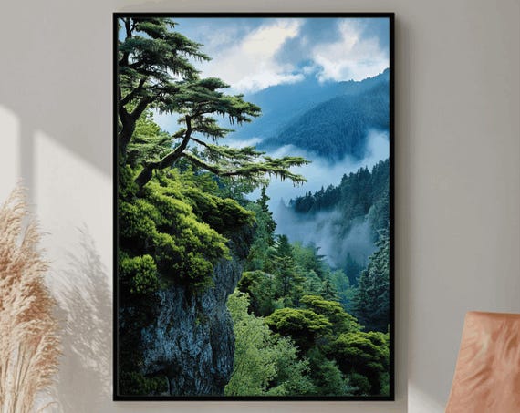 Forest Mountains Print Foggy Mountain Landscape Large Wall Art Green Forest Landscape Print Nature Picture