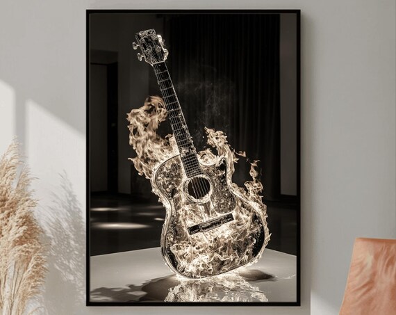 Acoustic Guitar Engulfed in Pale Flames Dark Stage Music Poster
