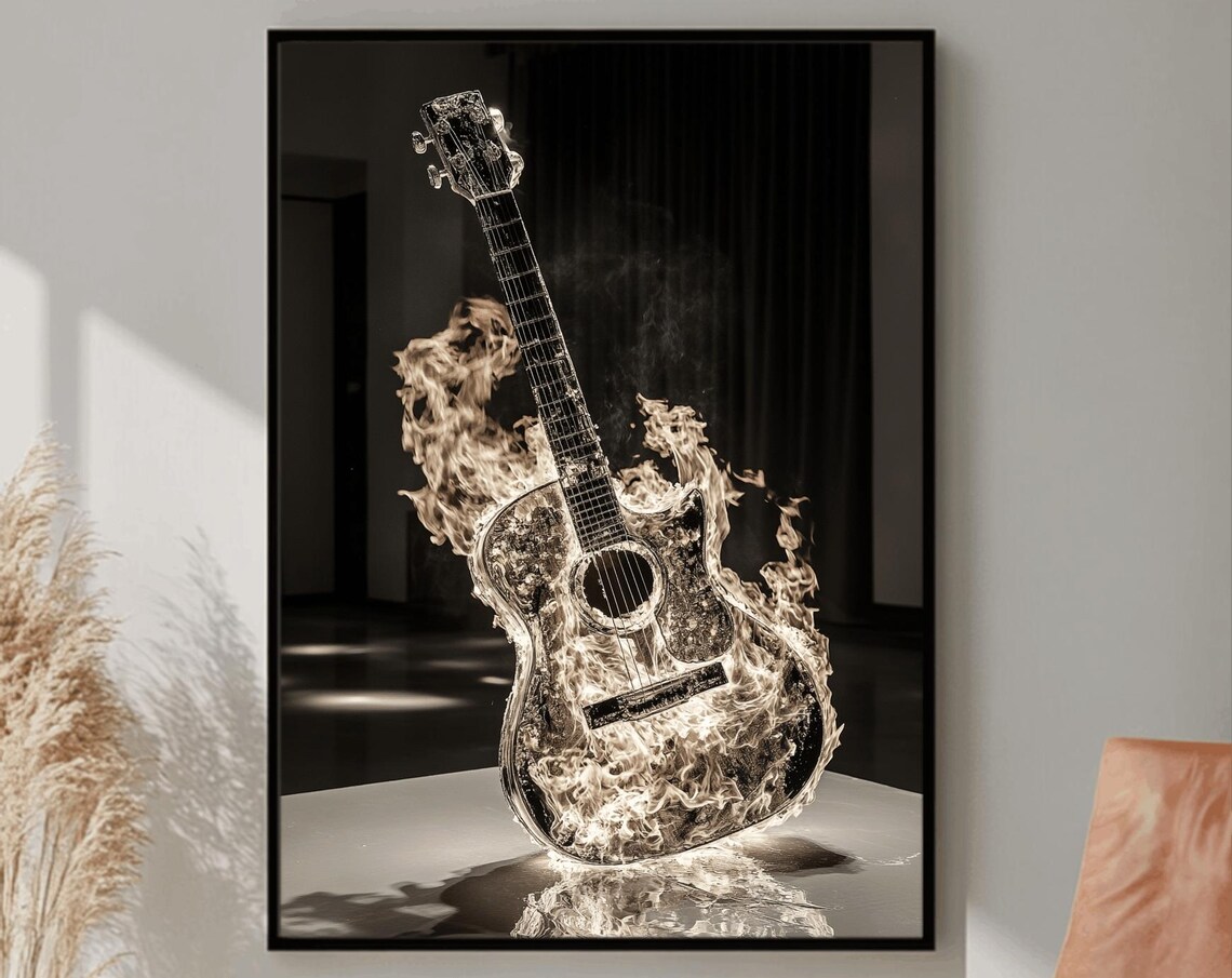 Acoustic Guitar Engulfed in Pale Flames Dark Stage Music Poster